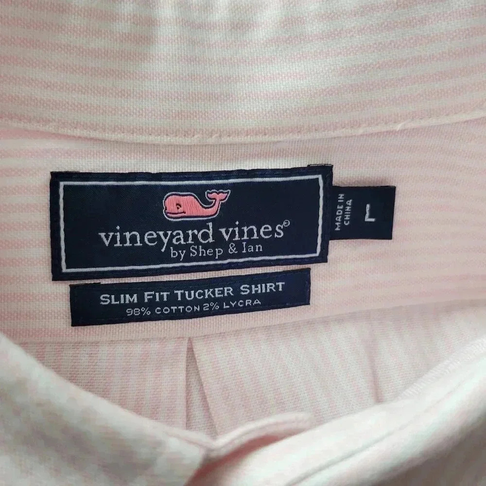 Vineyard Vines Button Down Shirt Large Men's Pink White Striped Slim Fit Tucker - Picture 4 of 4